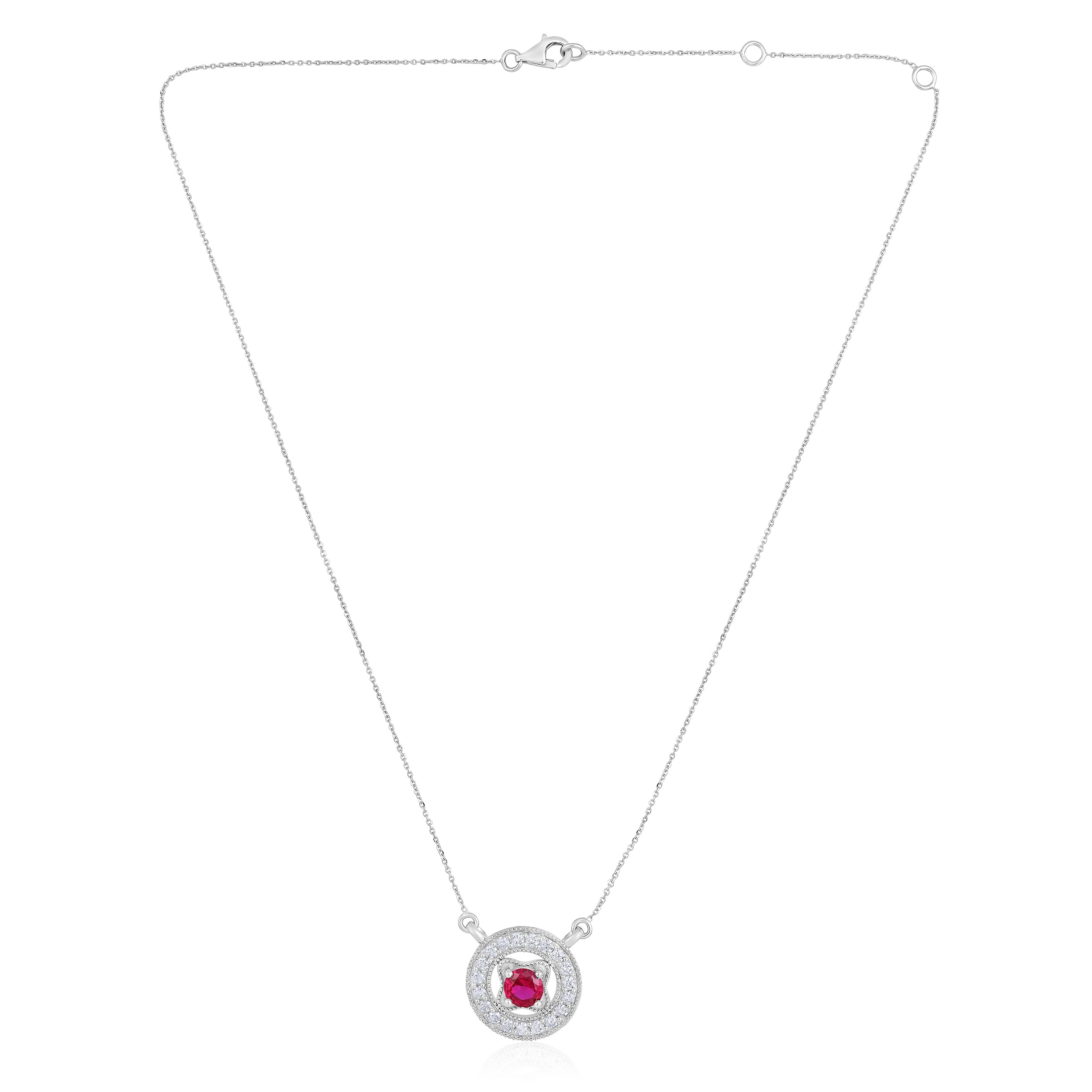 Certified 14K Gold 1.6ct Natural Diamond w/ Simulated Ruby Round Frame White Necklace