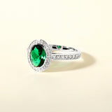Certified 14K Gold 2ct Natural Diamond w/ Simulated Emerald Oval Halo Solitaire White Ring