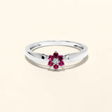 Certified 14K Gold 0.23ct Natural Diamond w/ Simulated Ruby Designer Flower White Ring