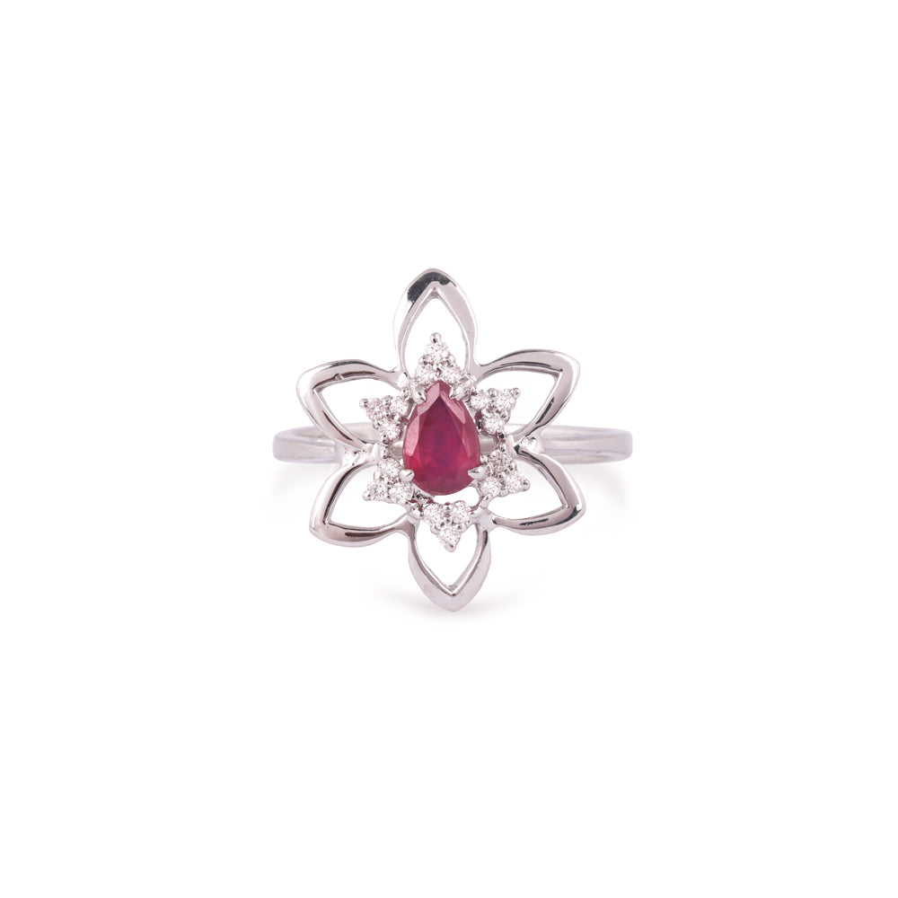 CLEARANCE! Certified 18K Gold 0.7ct Natural Diamonds w/ Simulated Ruby Pear Flower White Ring