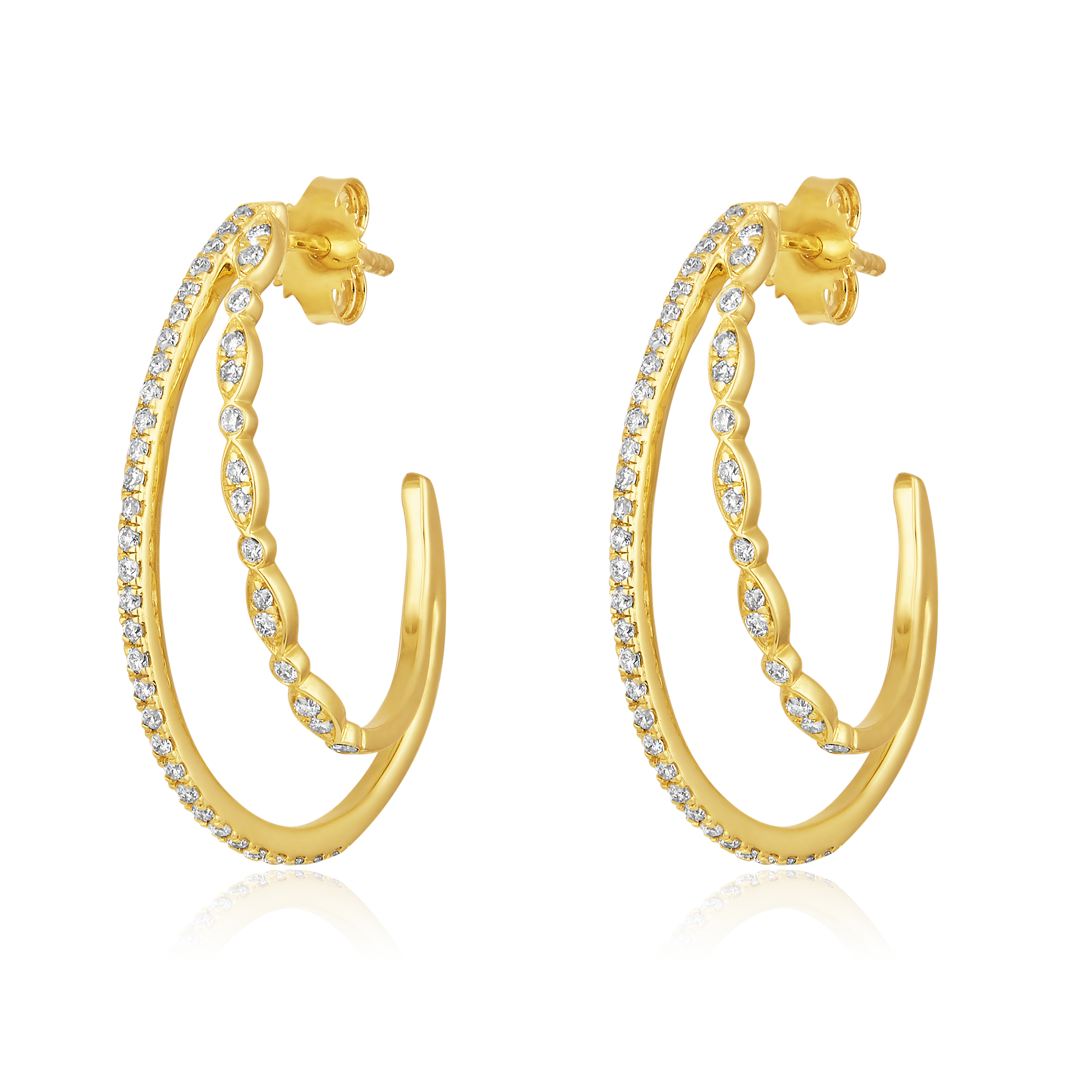 Certified 14K Gold 0.44ct Natural Diamond 2 Row Half Wave C Hoop  Earrings