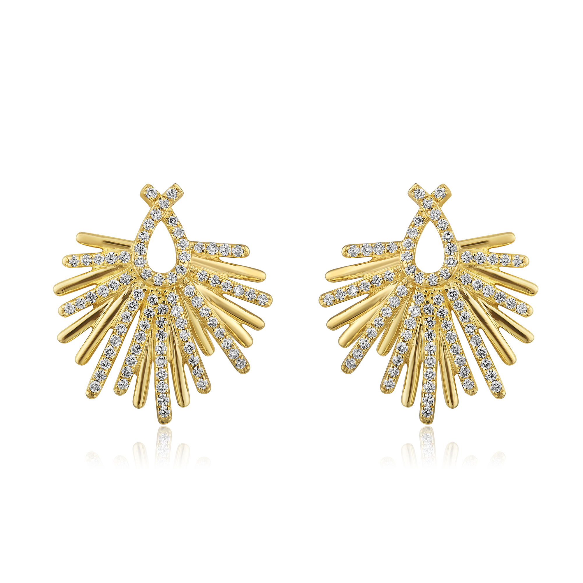 Certified 14K Gold 0.6ct Natural Diamond Sunrise Fan Statement Stud Earrings