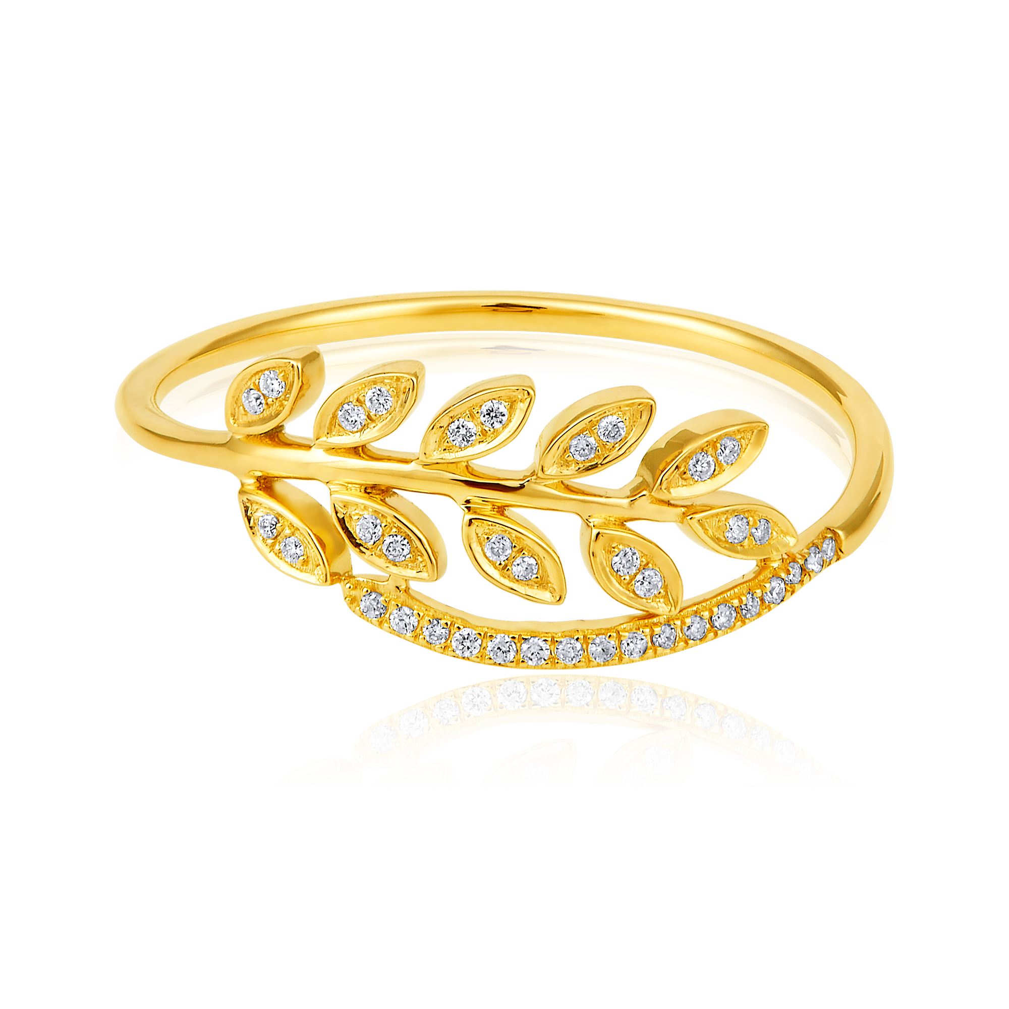 Certified 14K Gold 0.1ct Natural Diamond Leaf Wrap Twist Branch Charm Ring