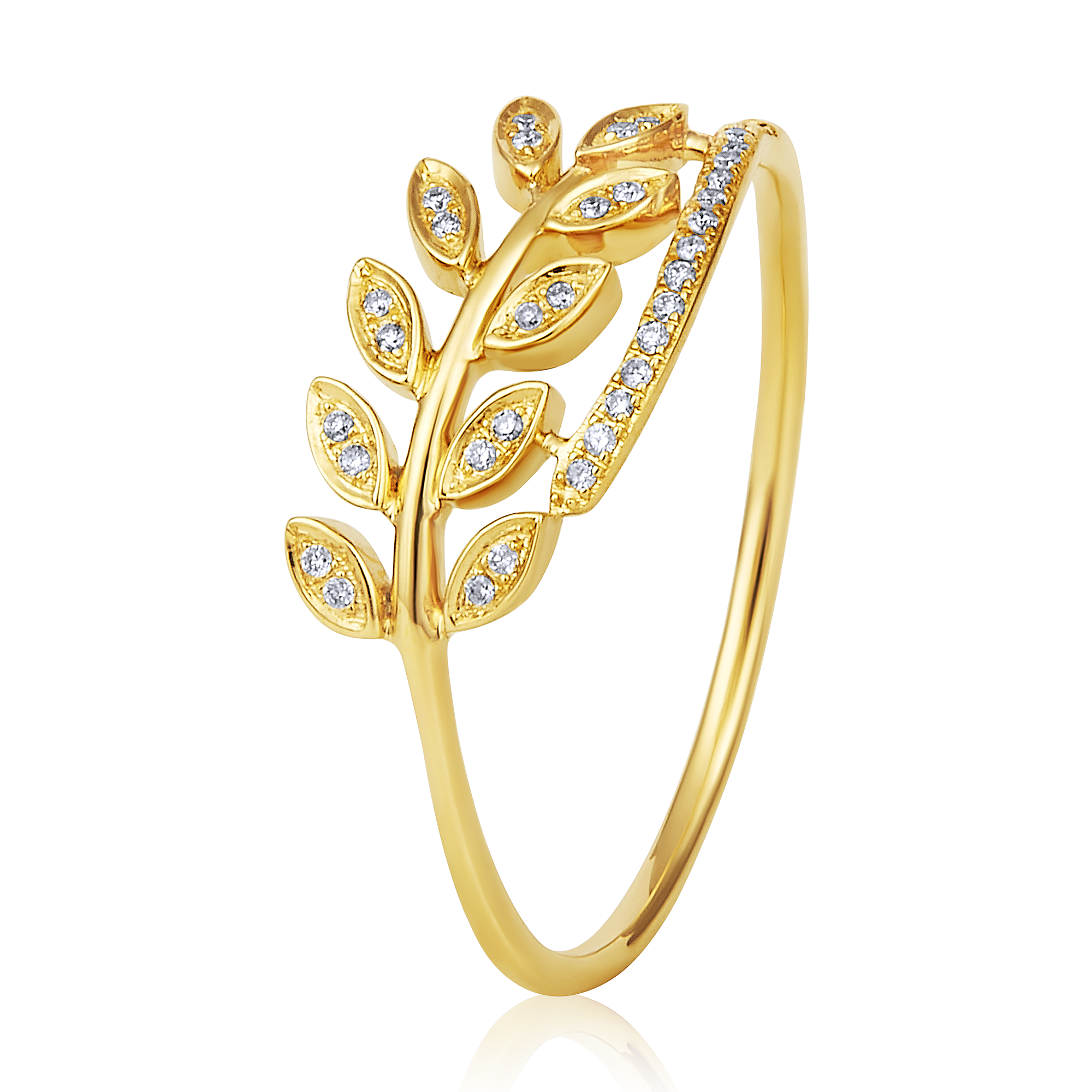 Certified 14K Gold 0.1ct Natural Diamond Leaf Wrap Twist Branch Charm Ring