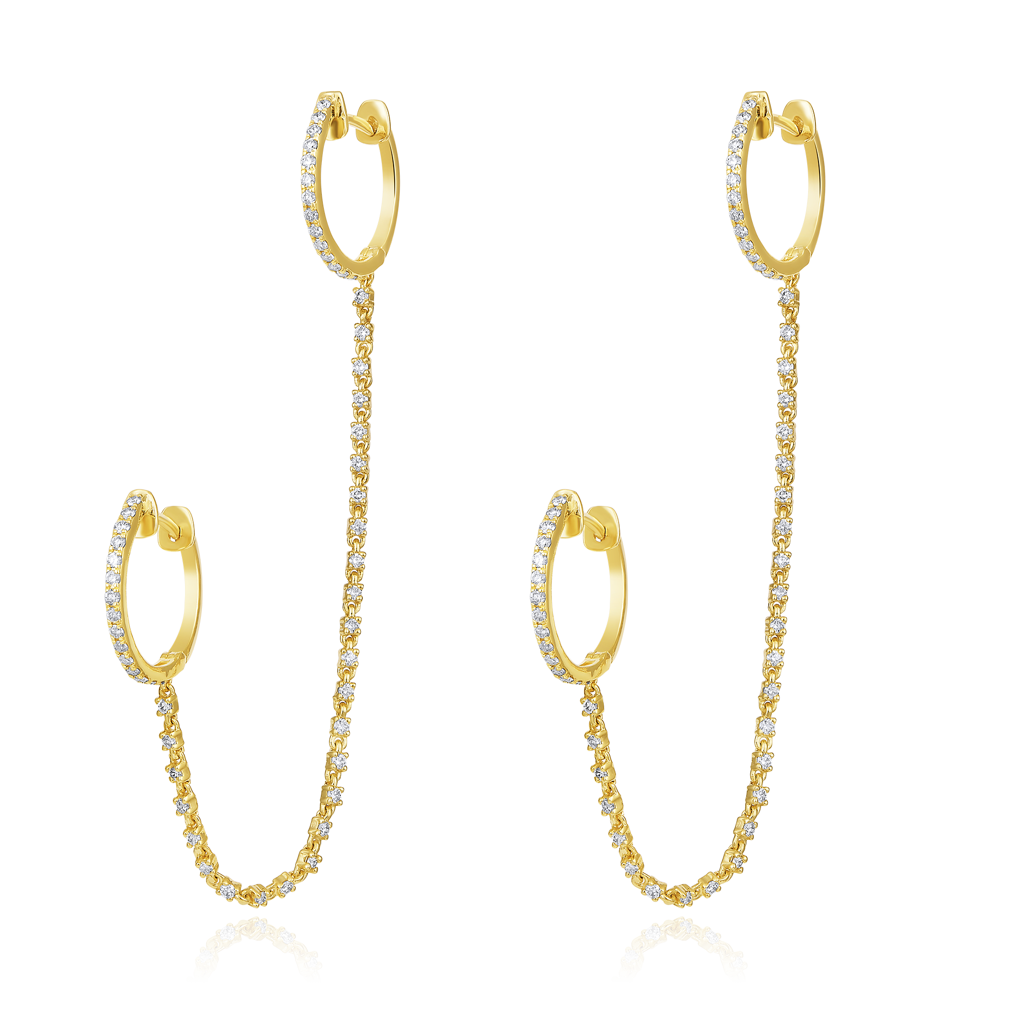 Certified 14K Gold 1.1ct Natural Diamond  Multi Piercing Huggie Chain Earrings