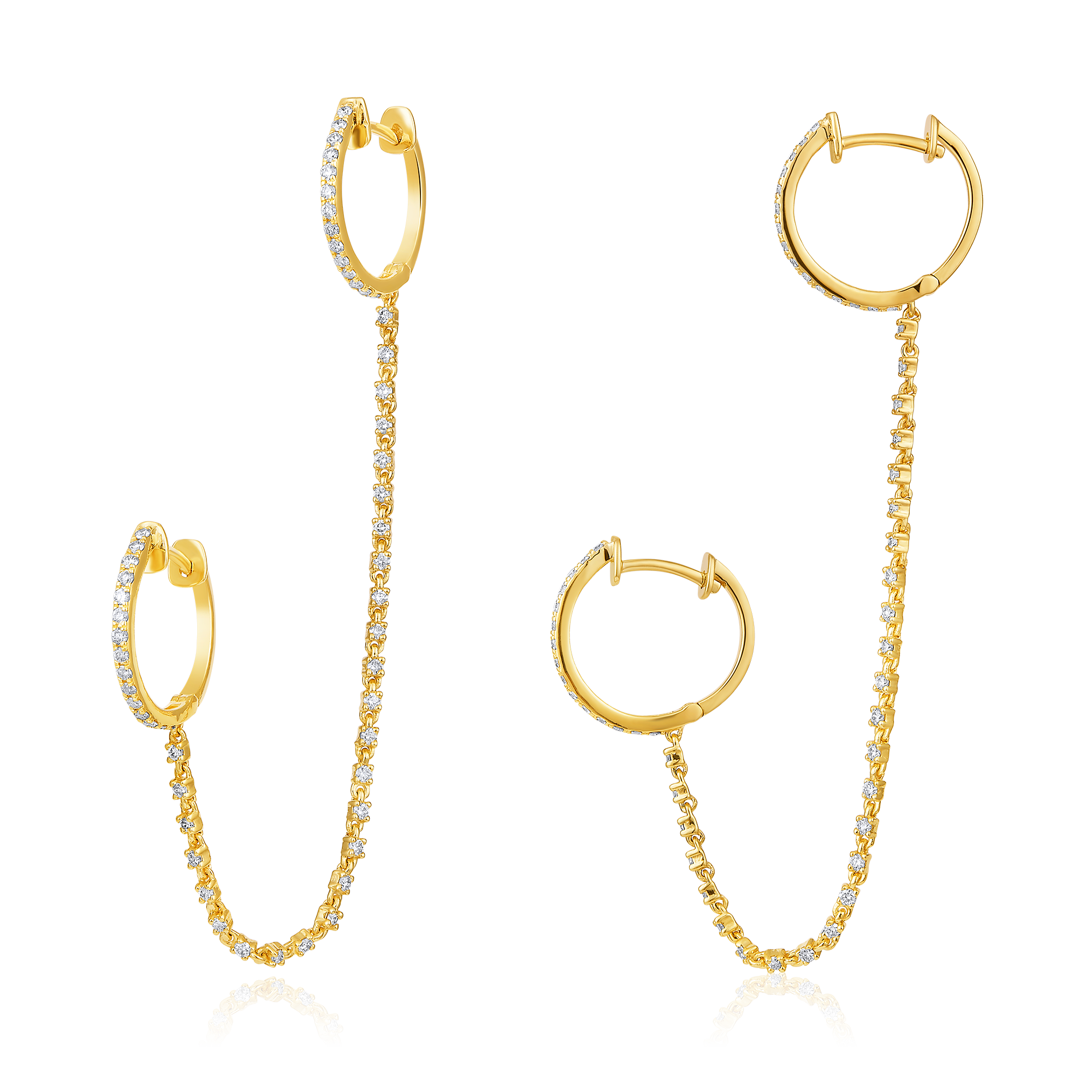 Certified 14K Gold 1.1ct Natural Diamond  Multi Piercing Huggie Chain Earrings