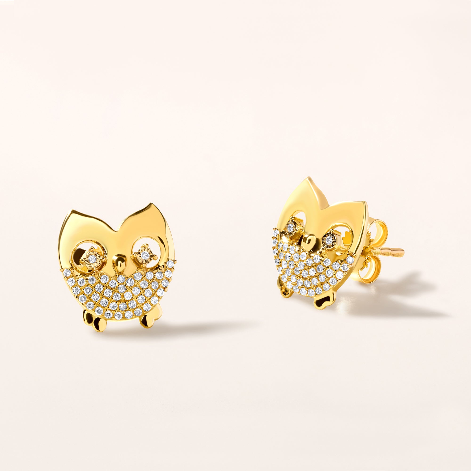 Certified 14K Gold 0.2ct Natural Diamond Owl Everyday Delicate Stud Earrings