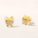 Certified 14K Gold 0.2ct Natural Diamond Owl Everyday Delicate Stud Earrings