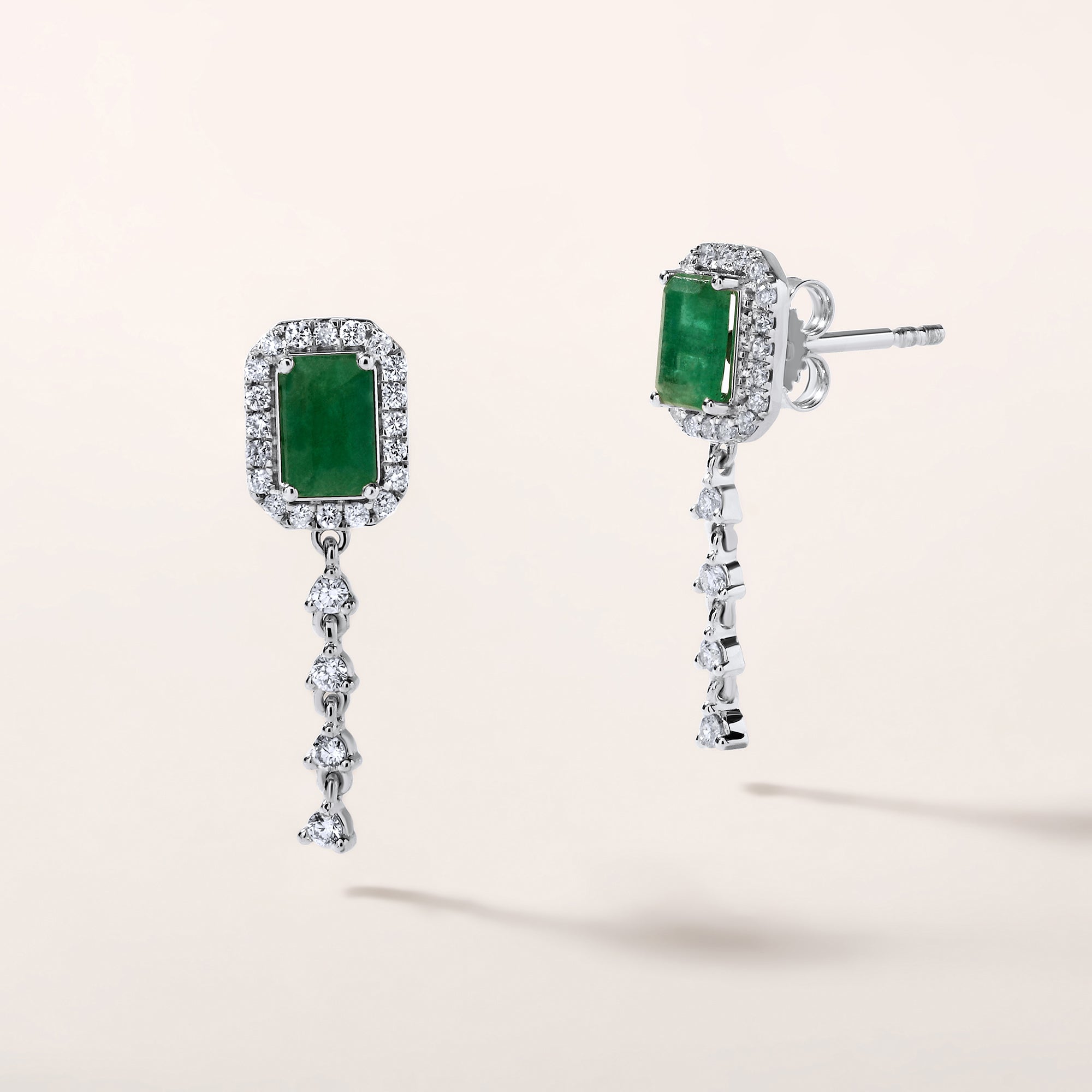 Certified 14K Gold 0.5ct Natural Diamond Rectangular Drop Emerald Earrings