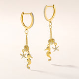 Certified 14K Gold 0.3ct Natural Diamond Seahorse Shell Star Hoop Earrings