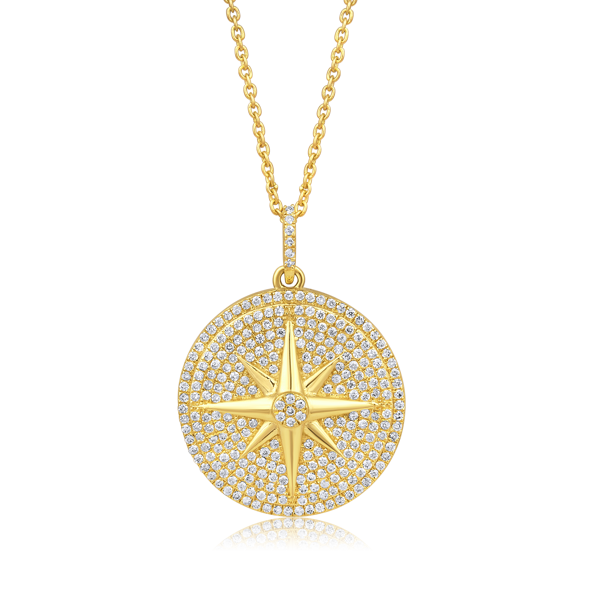 Certified 14K Gold 0.5ct Natural Diamond Compass Moon Star Sun Charm Necklace