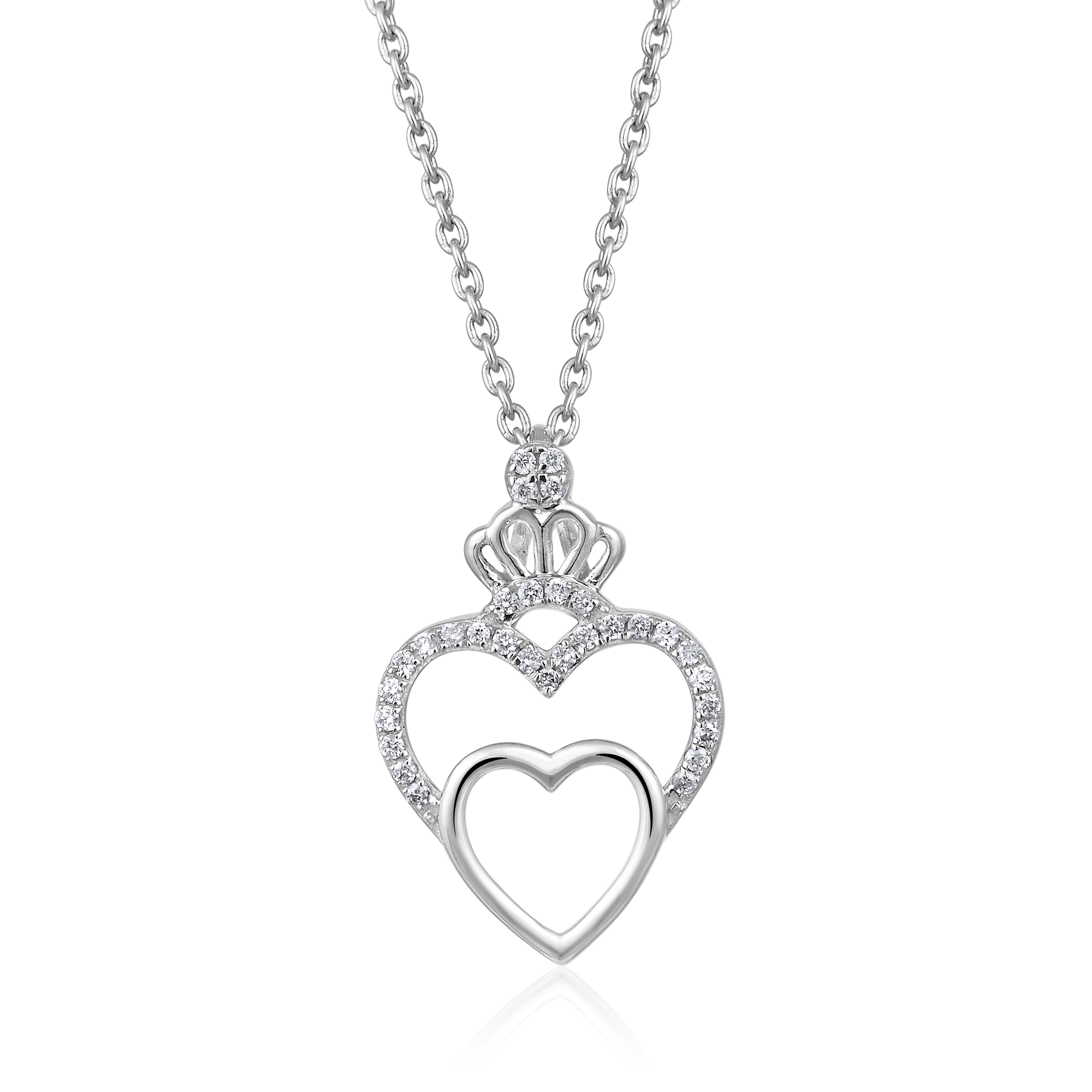 Certified 14K Gold 0.1ct Natural Diamond Crown 2 Heart linked Pendant Necklace