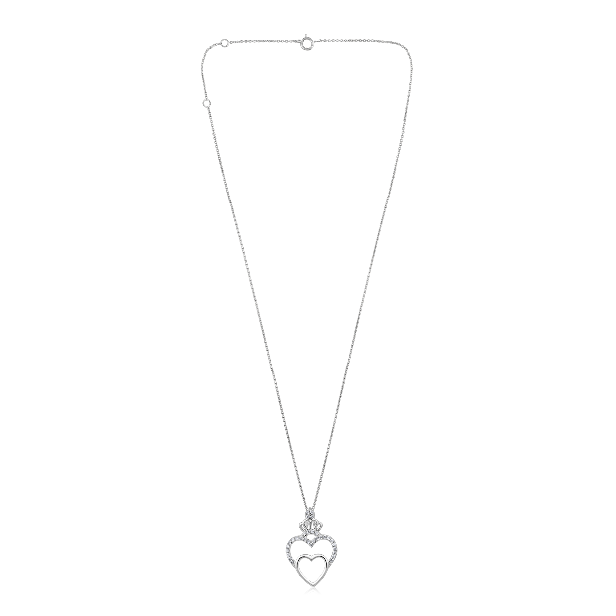 Certified 14K Gold 0.1ct Natural Diamond Crown 2 Heart linked Pendant Necklace