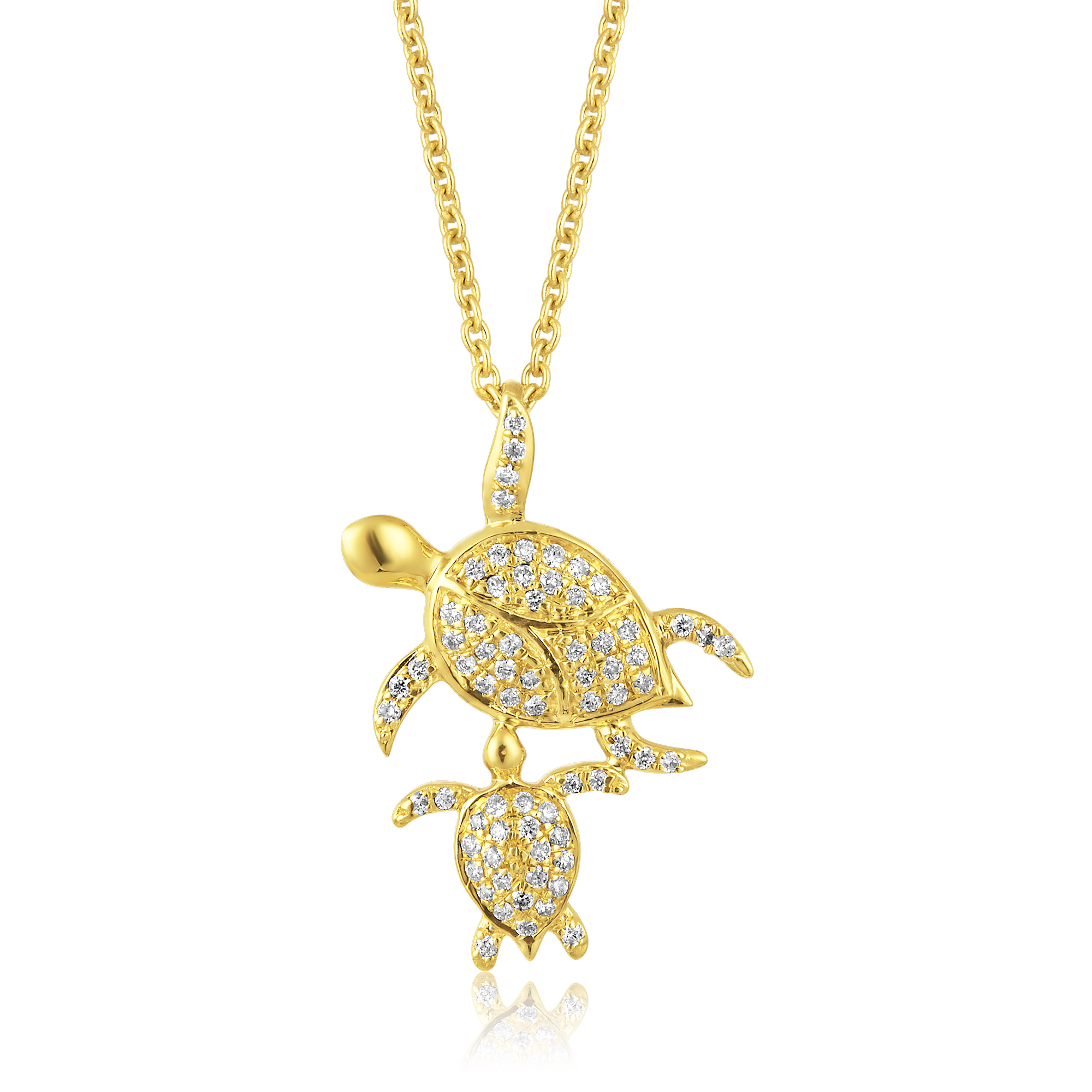 Certified 14K Gold 0.11ct Natural Diamond Mom Baby Sea Turtle Pendant Necklace