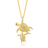 Certified 14K Gold 0.11ct Natural Diamond Mom Baby Sea Turtle Pendant Necklace