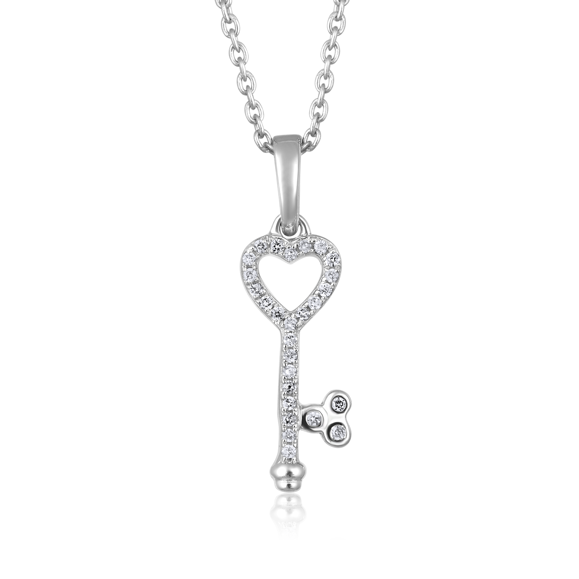 Certified 14K Gold 0.1ct Natural Diamond Heart Key Delicate Pendant Necklace