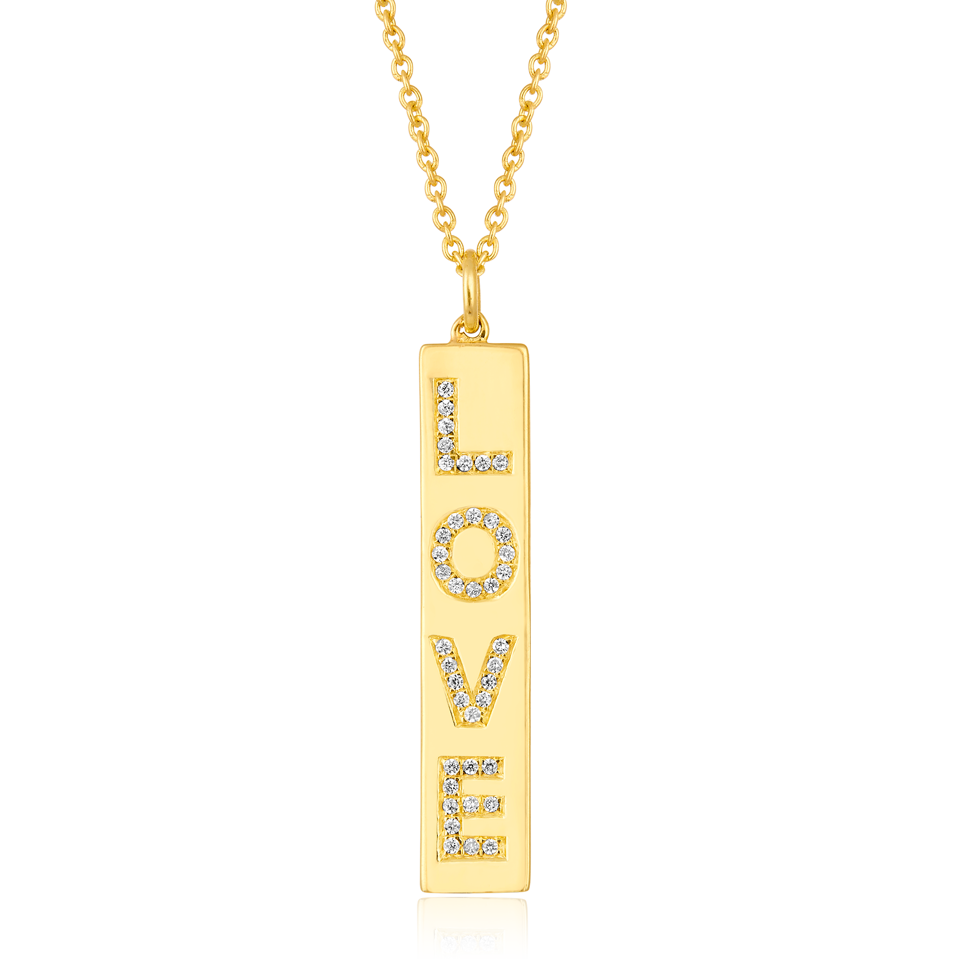 Certified 14K Gold 0.1ct Natural Diamond Love Long Bar Charm Pendant Necklace