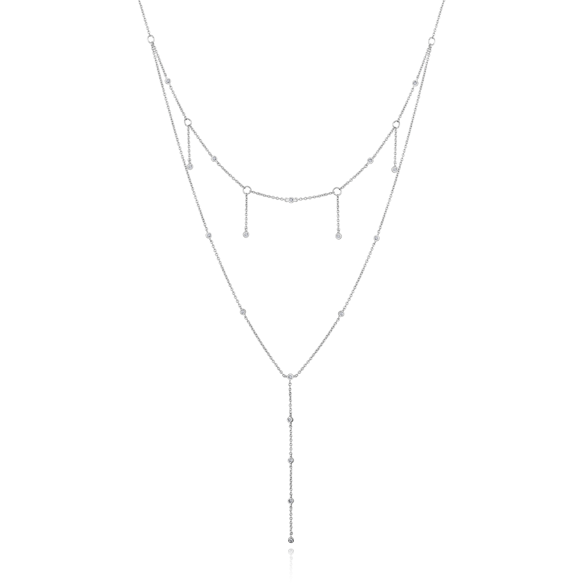 Certified 14K Gold 0.14ct Natural Diamond Layered Double Chain Y Drop Necklace