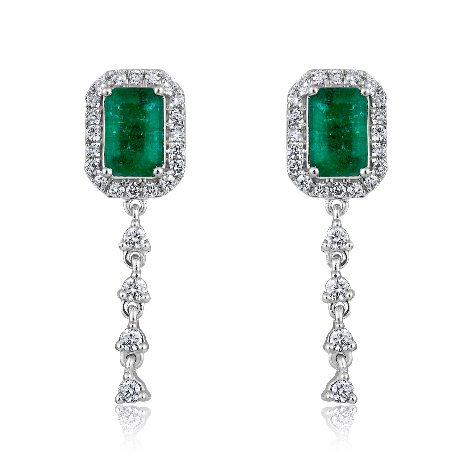 Certified 14K Gold 0.5ct Natural Diamond Rectangular Drop Emerald Earrings