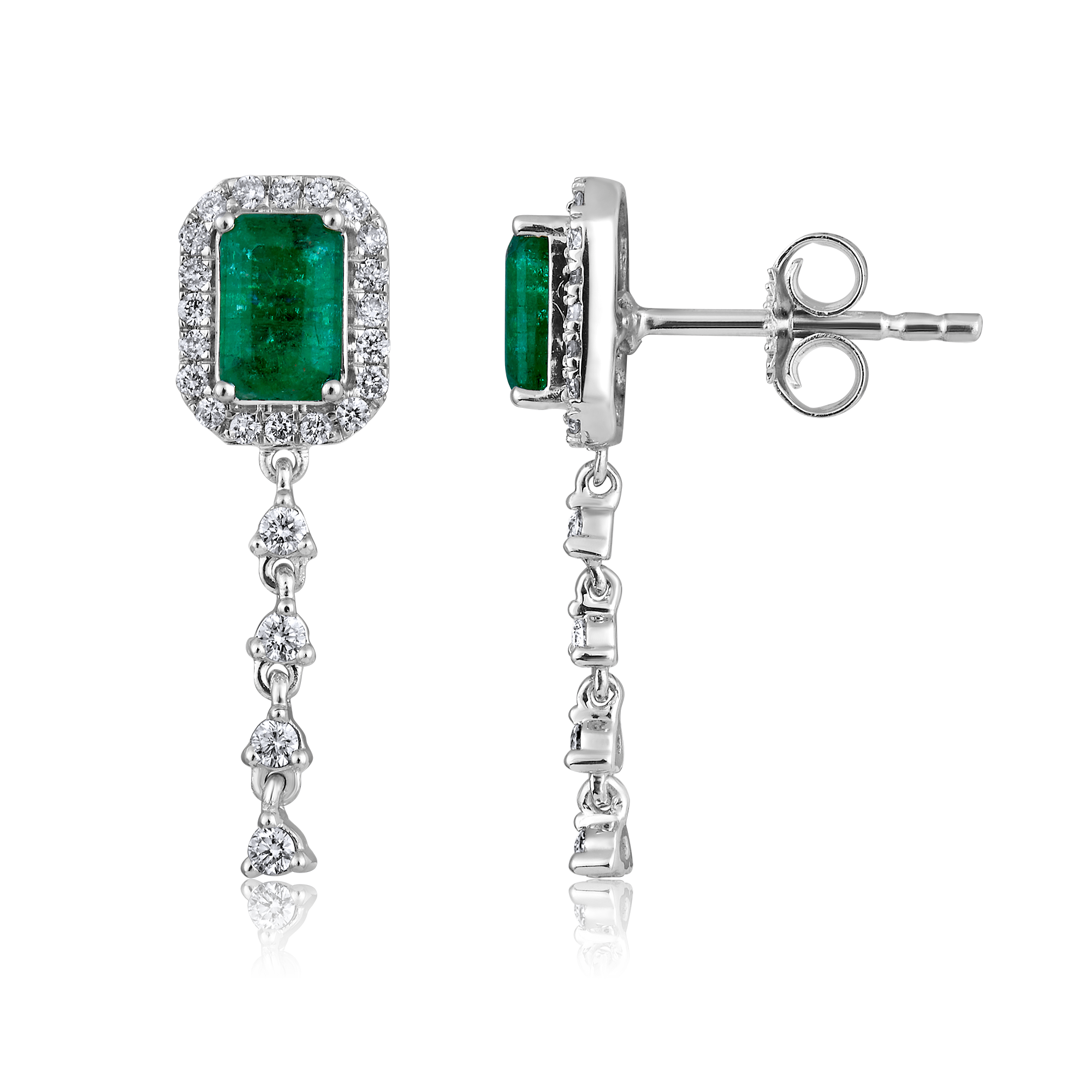 Certified 14K Gold 0.5ct Natural Diamond Rectangular Drop Emerald Earrings