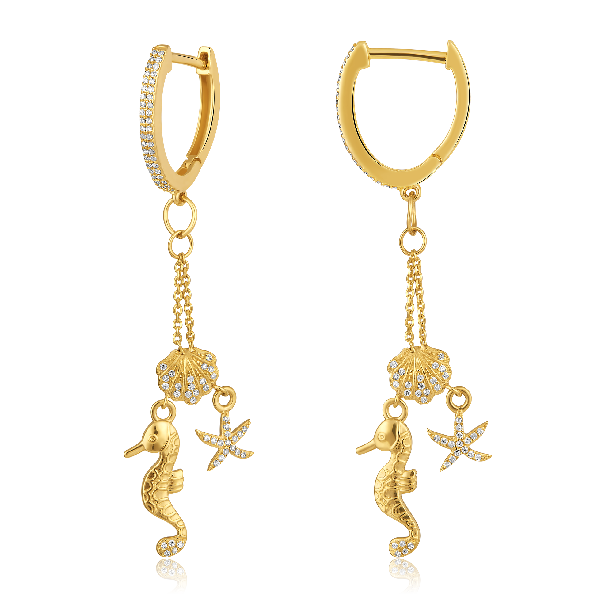 Certified 14K Gold 0.3ct Natural Diamond Seahorse Shell Star Hoop Earrings