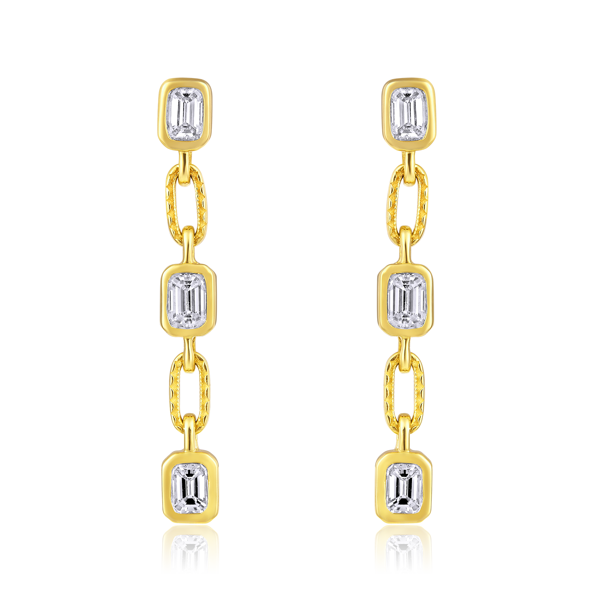 Certified 14K Gold 1.34ct Natural Diamond Emerald Bezel Chain Link Long Earrings