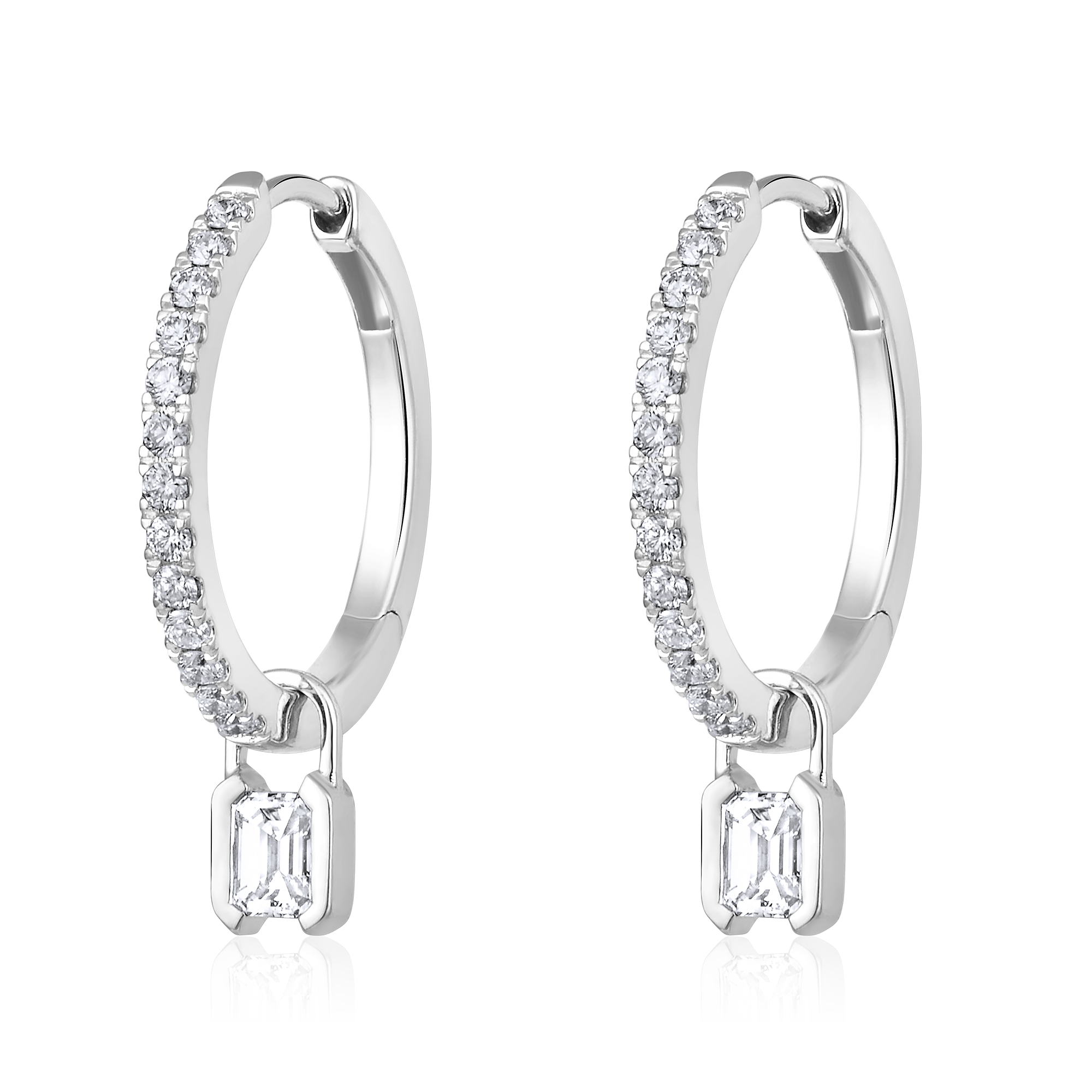 Certified 14K Gold 0.63ct Natural Diamond Emerald Lock Charm Drop Hoop Earrings