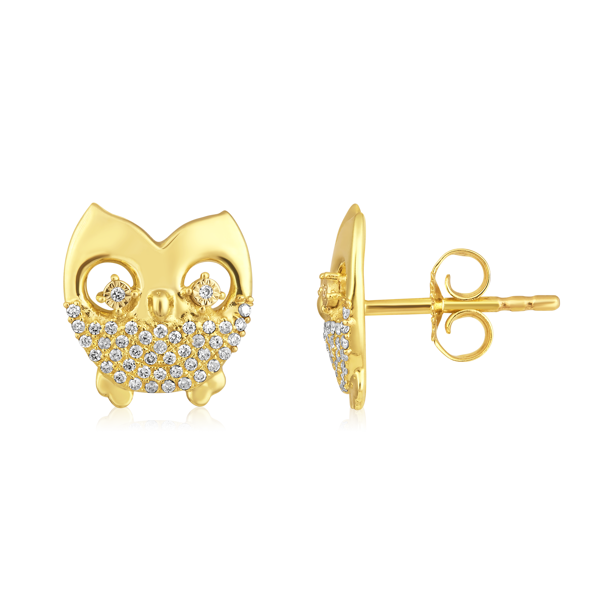 Certified 14K Gold 0.2ct Natural Diamond Owl Everyday Delicate Stud Earrings