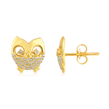 Certified 14K Gold 0.2ct Natural Diamond Owl Everyday Delicate Stud Earrings