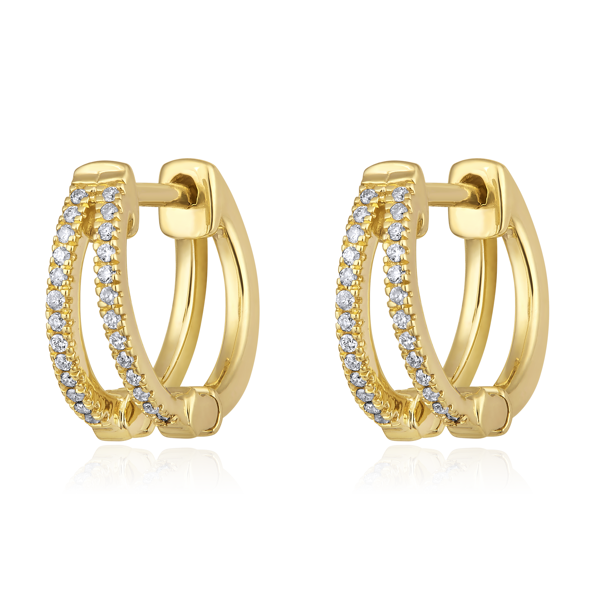 Certified 14K Gold 0.11ct Natural Diamond 2 Row Twin Huggie Hoop Earrings