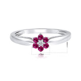 Certified 14K Gold 0.23ct Natural Diamond w/ Simulated Ruby Designer Flower White Ring