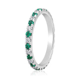 Certified 14K Gold 1.1ct Natural Diamond w Simulated Emerald Thin Full Band White Ring