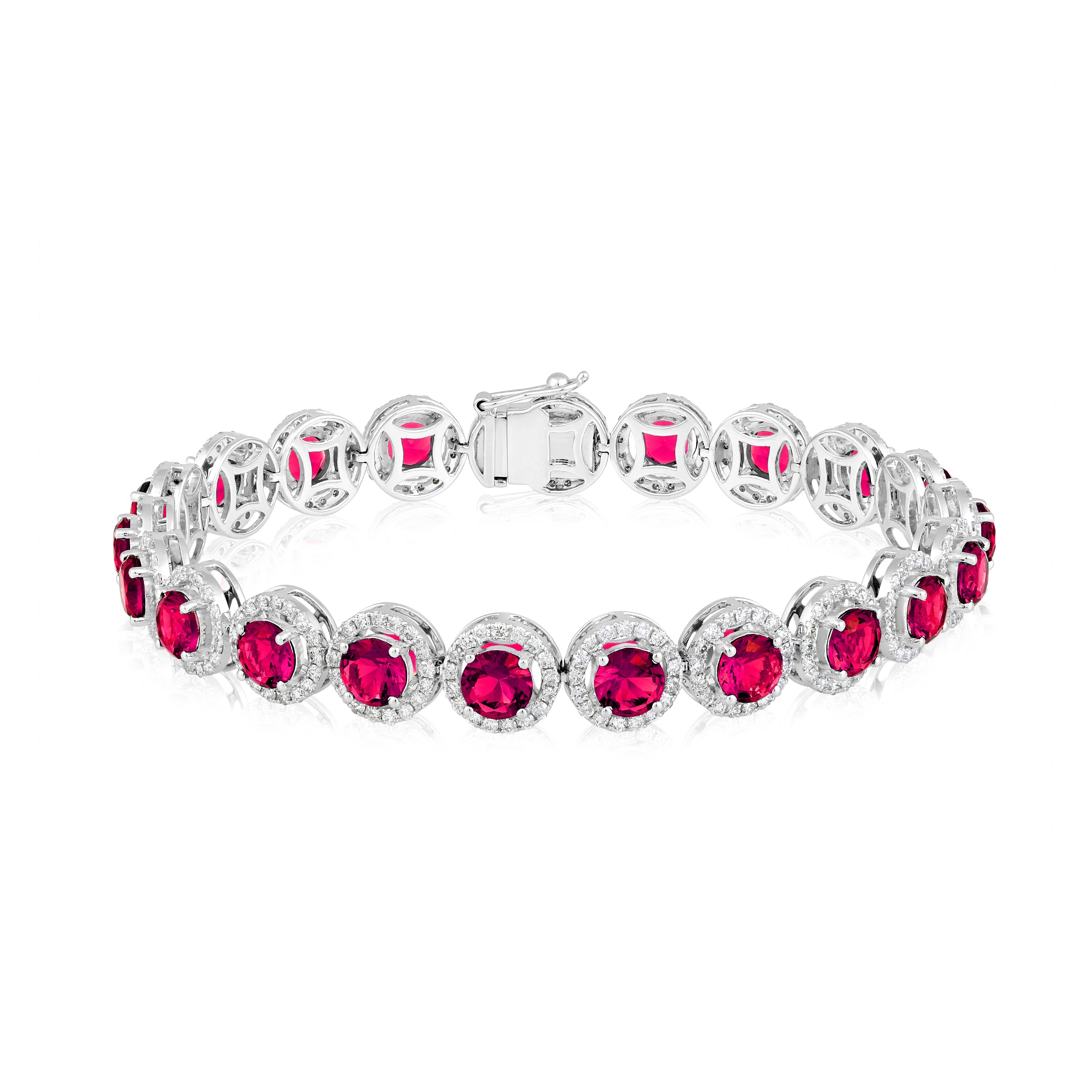 Certified 14K Gold 14.7ct Natural Diamond w/ Simulated Ruby Tennis Bracelet