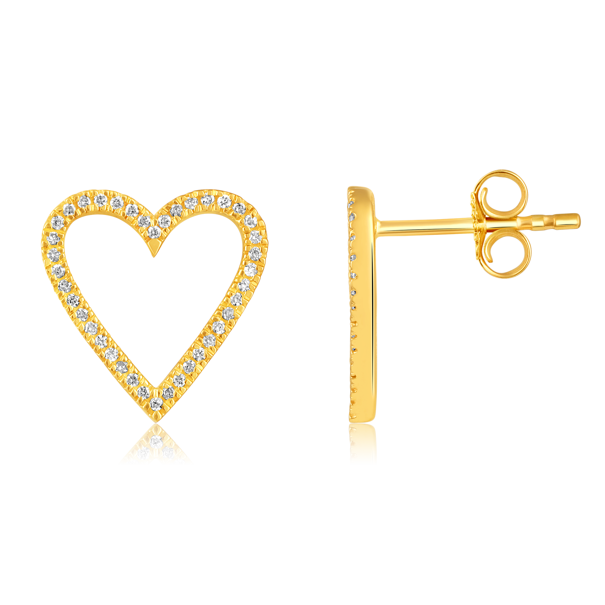 Certified 14K Gold 0.2ct Natural Diamond Heart Love Hollow Charm Stud Earrings