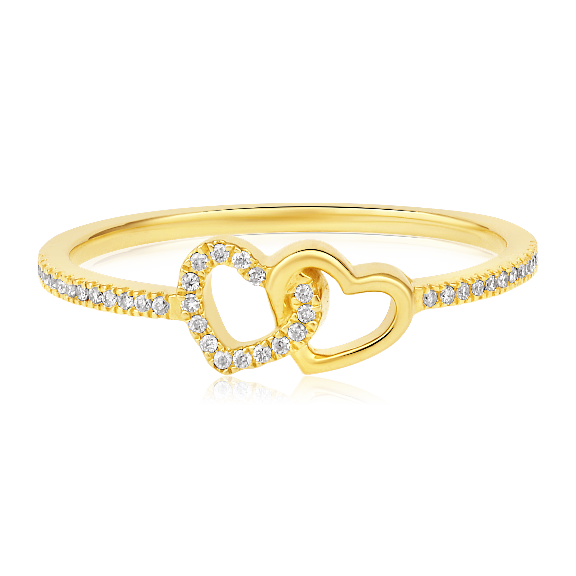 Certified 14K Gold 0.1ct Natural Diamond 2 Heart Intertwine Valentine Love Ring