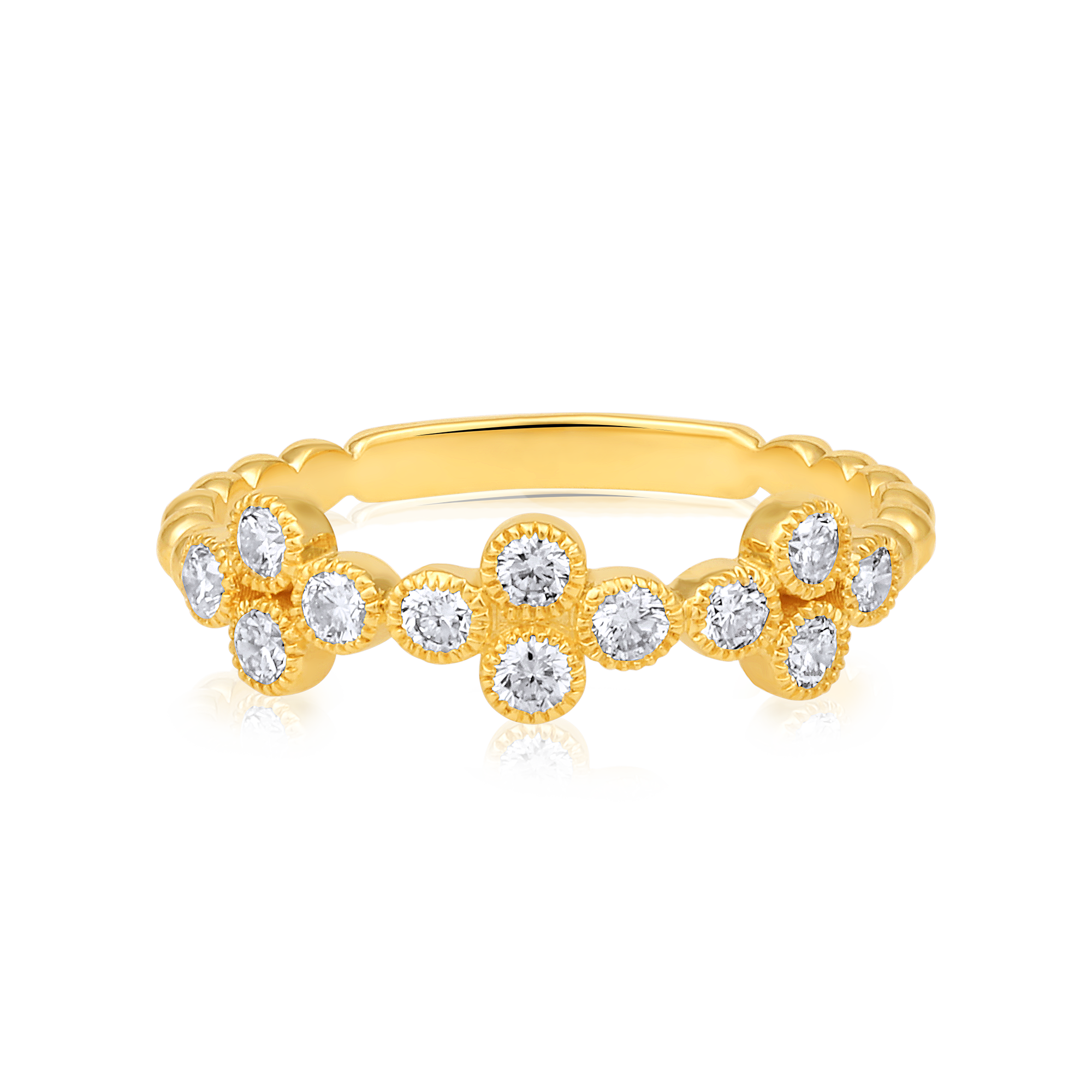 Certified 14K Gold 0.5ct Natural Diamond Flower Clover Bead Stackable Band Ring