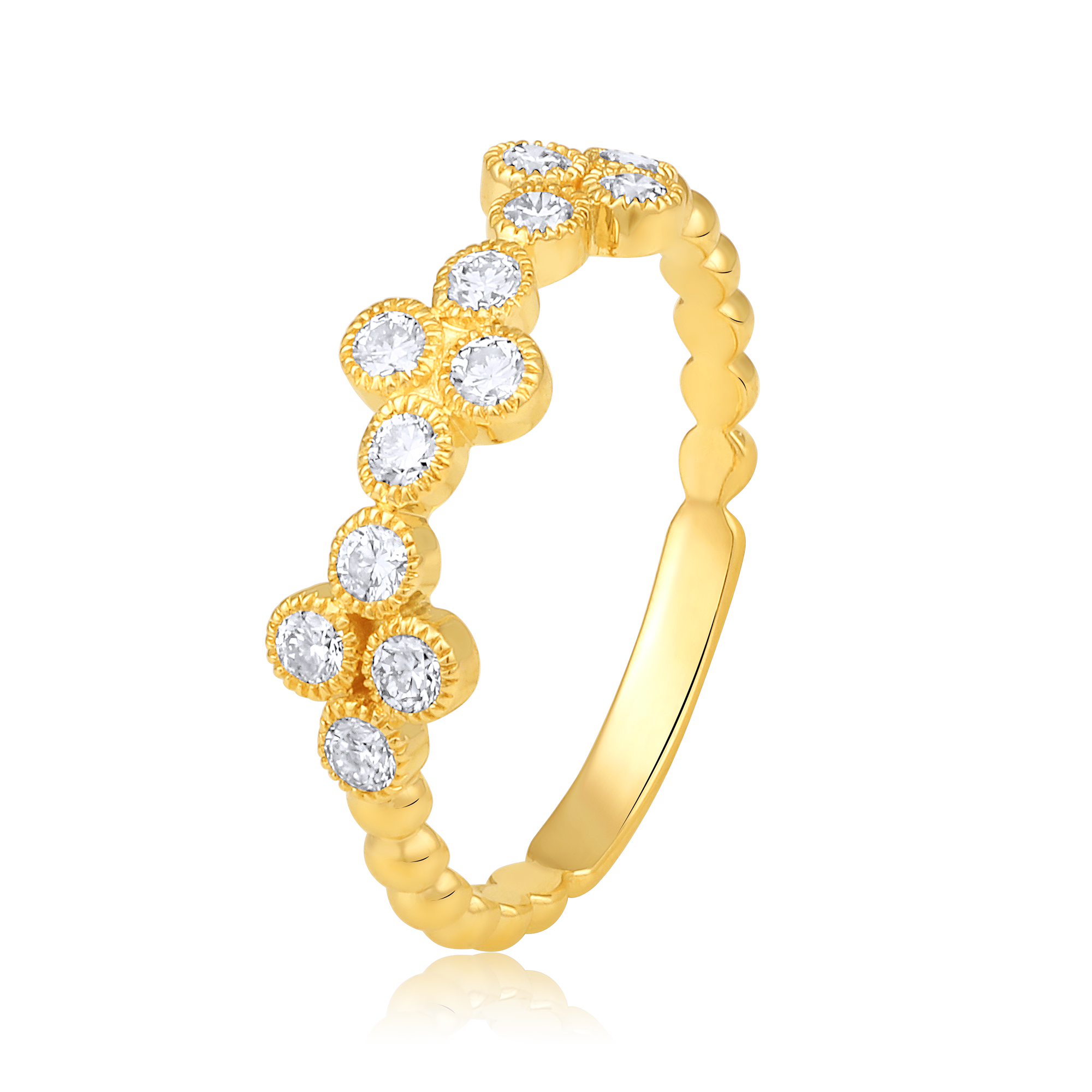 Certified 14K Gold 0.5ct Natural Diamond Flower Clover Bead Stackable Band Ring