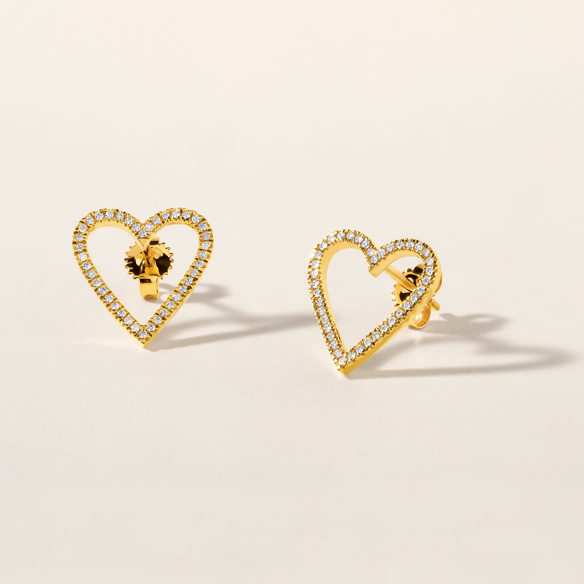 Certified 14K Gold 0.2ct Natural Diamond Heart Love Hollow Charm Stud Earrings