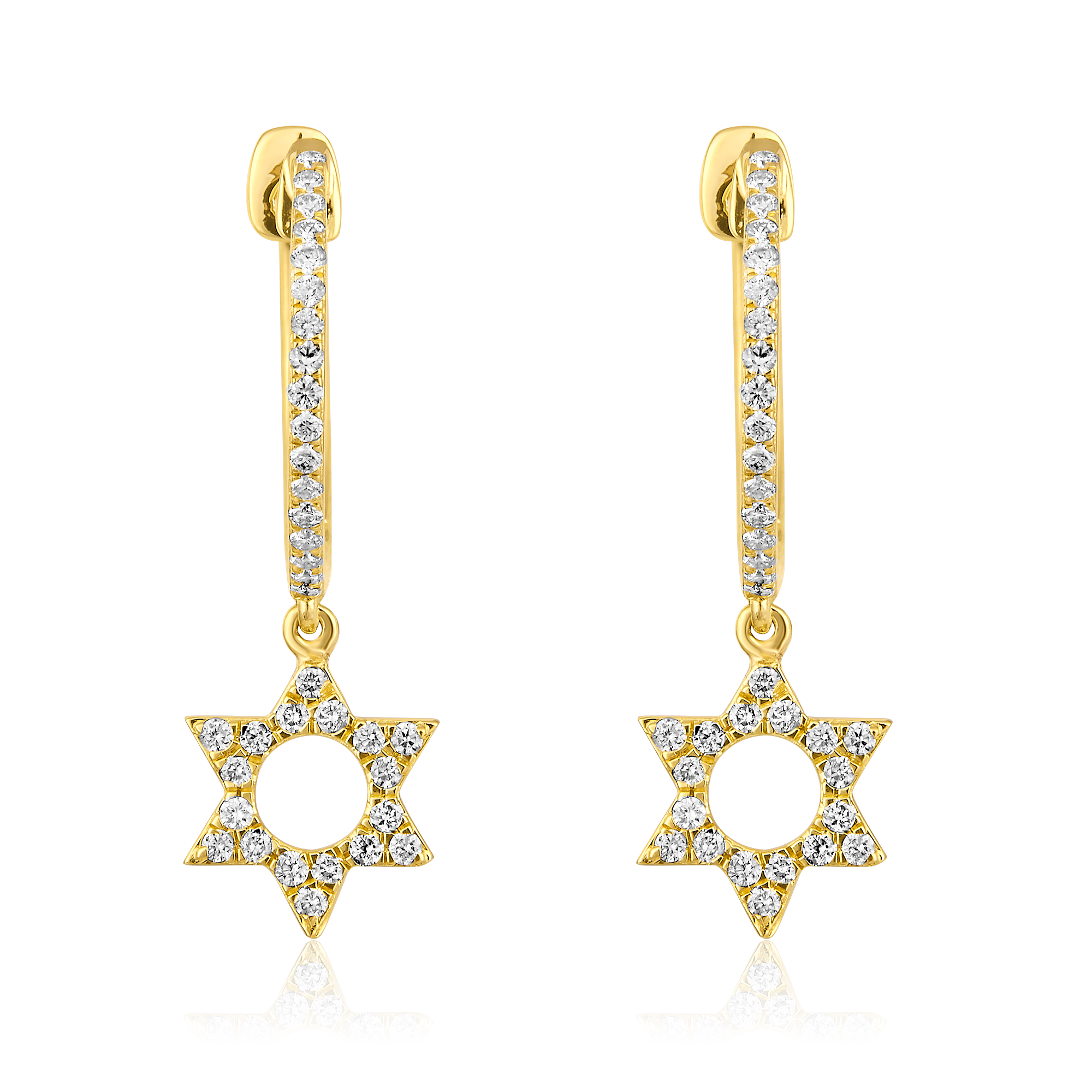 Certified 14K Gold 0.34ct Natural Diamond Star of David Charm Huggie Earrings