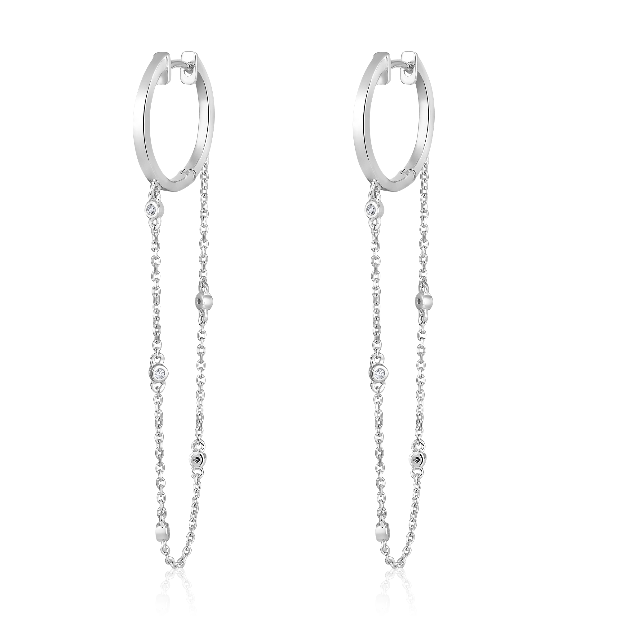 Certified 14K Gold 0.1ct Natural Diamond Huggie Delicate Bezel Chain Earrings