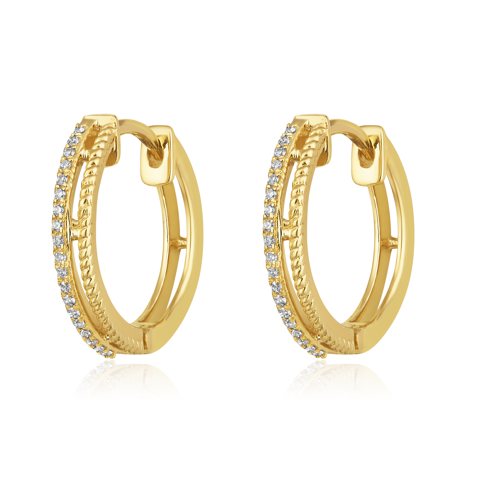 Certified 14K Gold 0.1ct Natural Diamond 2 Row Delicate Huggie Hoop Earrings