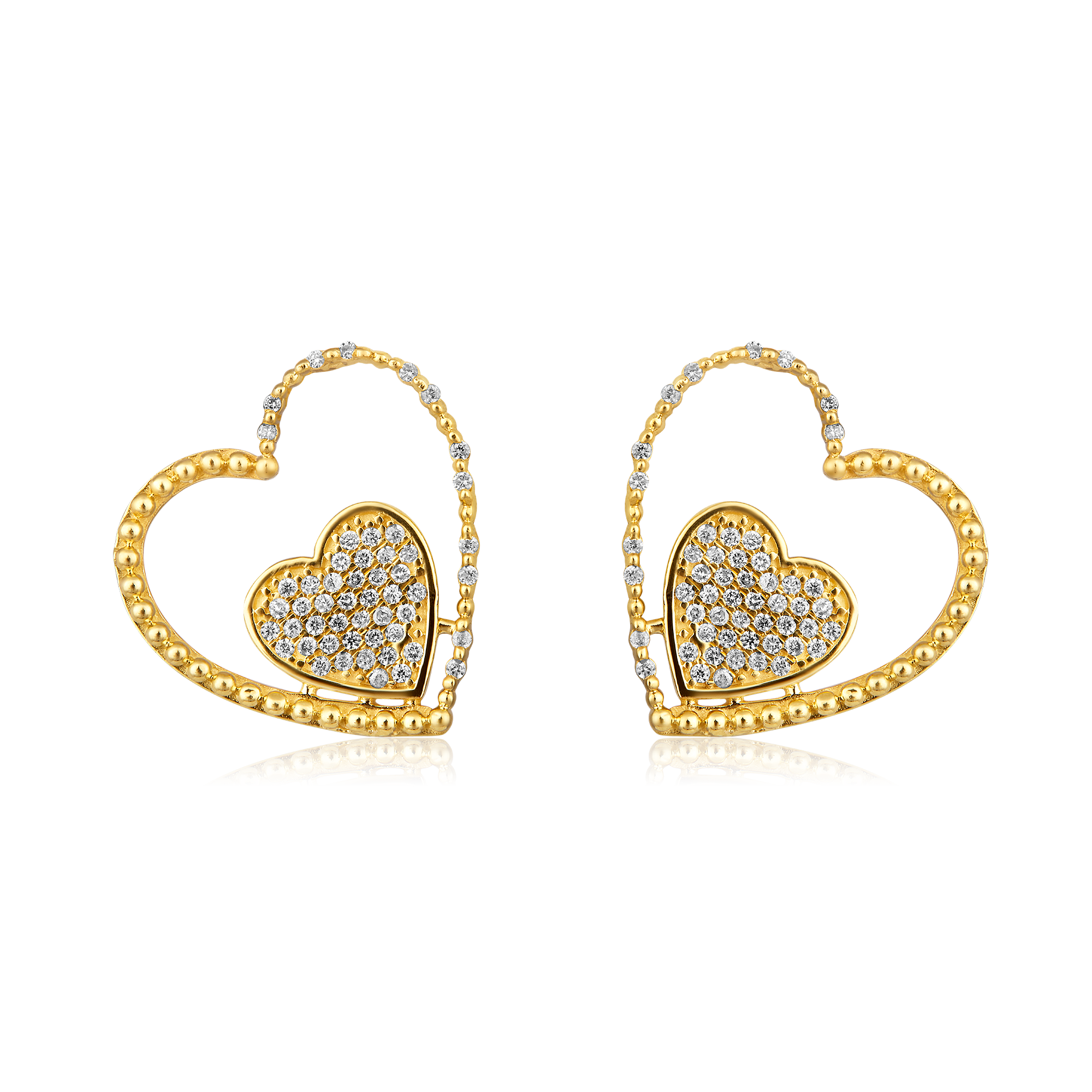 Certified 14K Gold 0.2ct Natural Diamond 2 Heart Love Cluster Stud Earrings