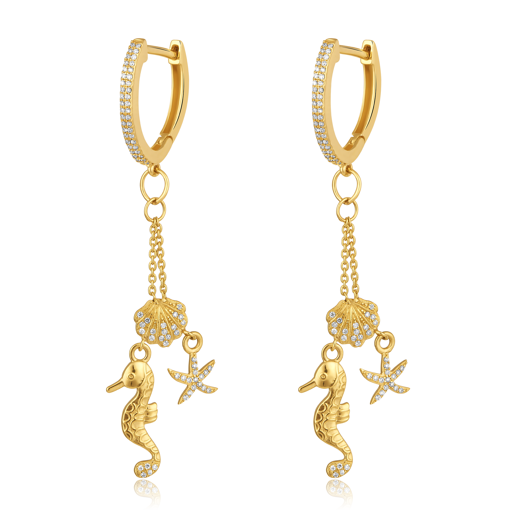 Certified 14K Gold 0.3ct Natural Diamond Seahorse Shell Star Hoop Earrings