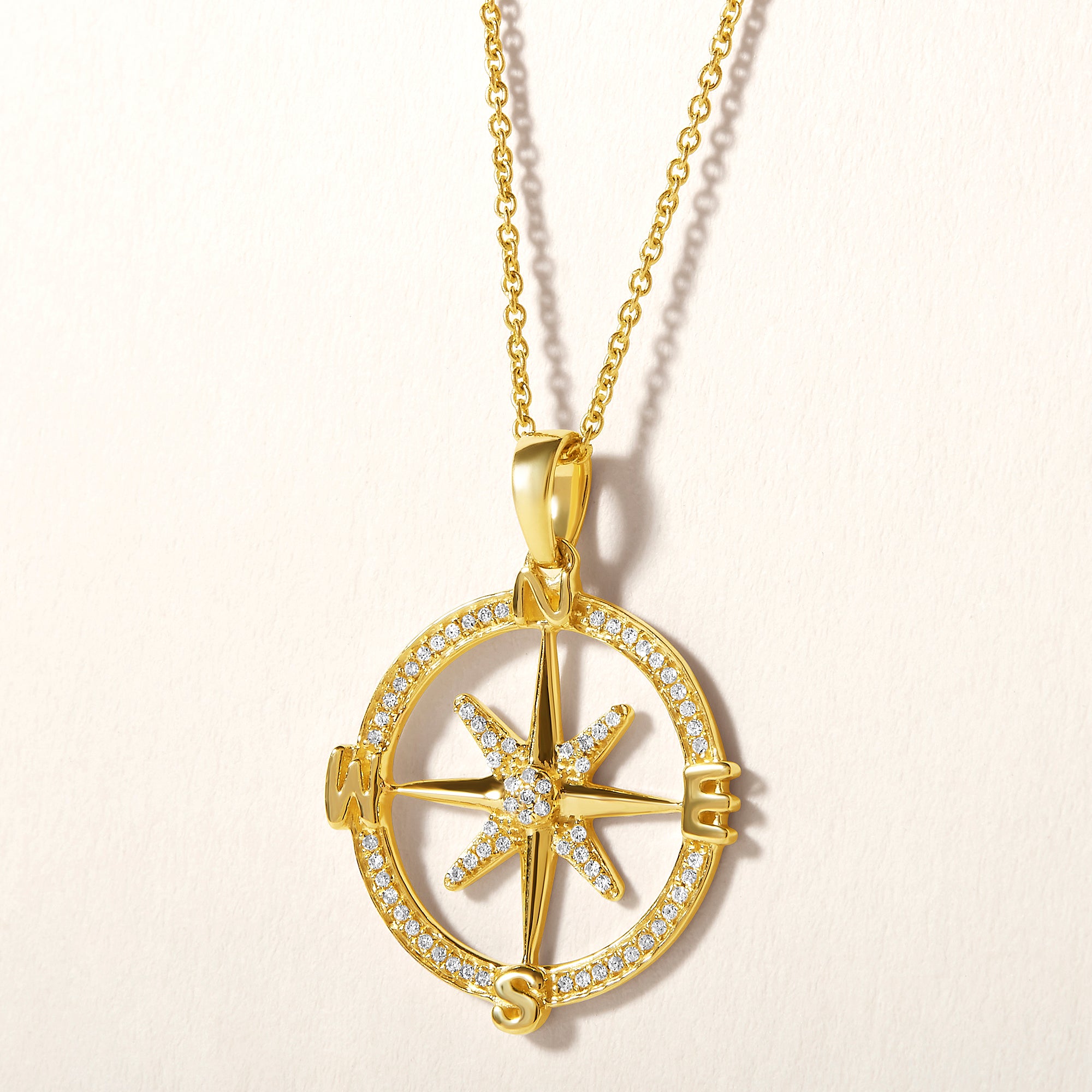 Certified 14K Gold 0.12ct Natural Diamond North Star Compass Pendant Necklace