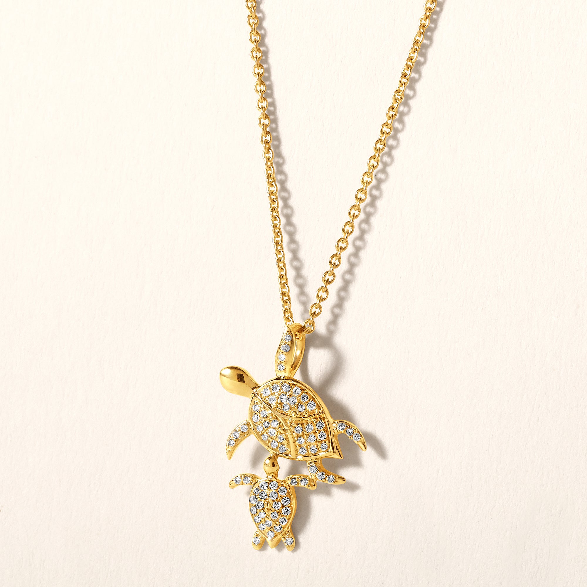 Certified 14K Gold 0.11ct Natural Diamond Mom Baby Sea Turtle Pendant Necklace