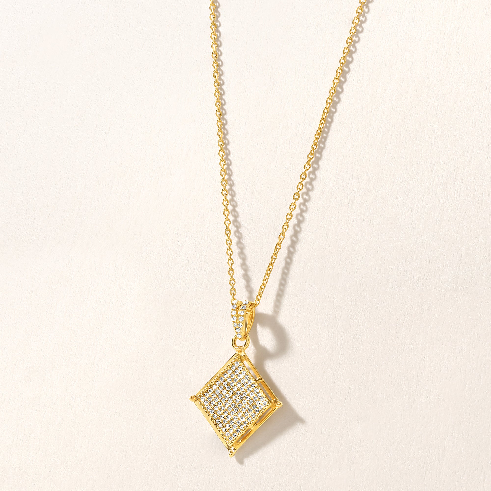 Certified 14K Gold 0.2ct Natural Diamond Kite Rhombus Square Poker Necklace