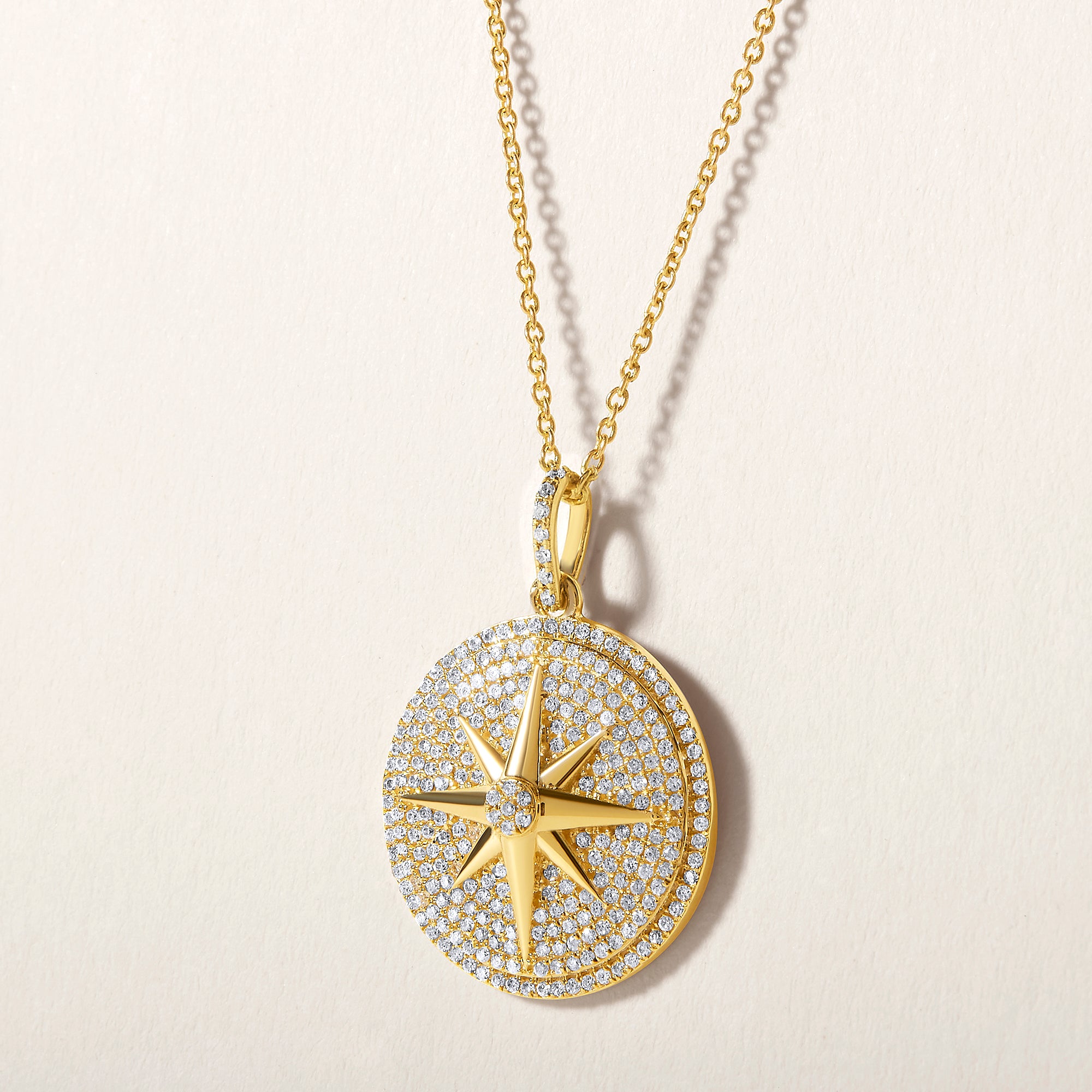 Certified 14K Gold 0.5ct Natural Diamond Compass Moon Star Sun Charm Necklace