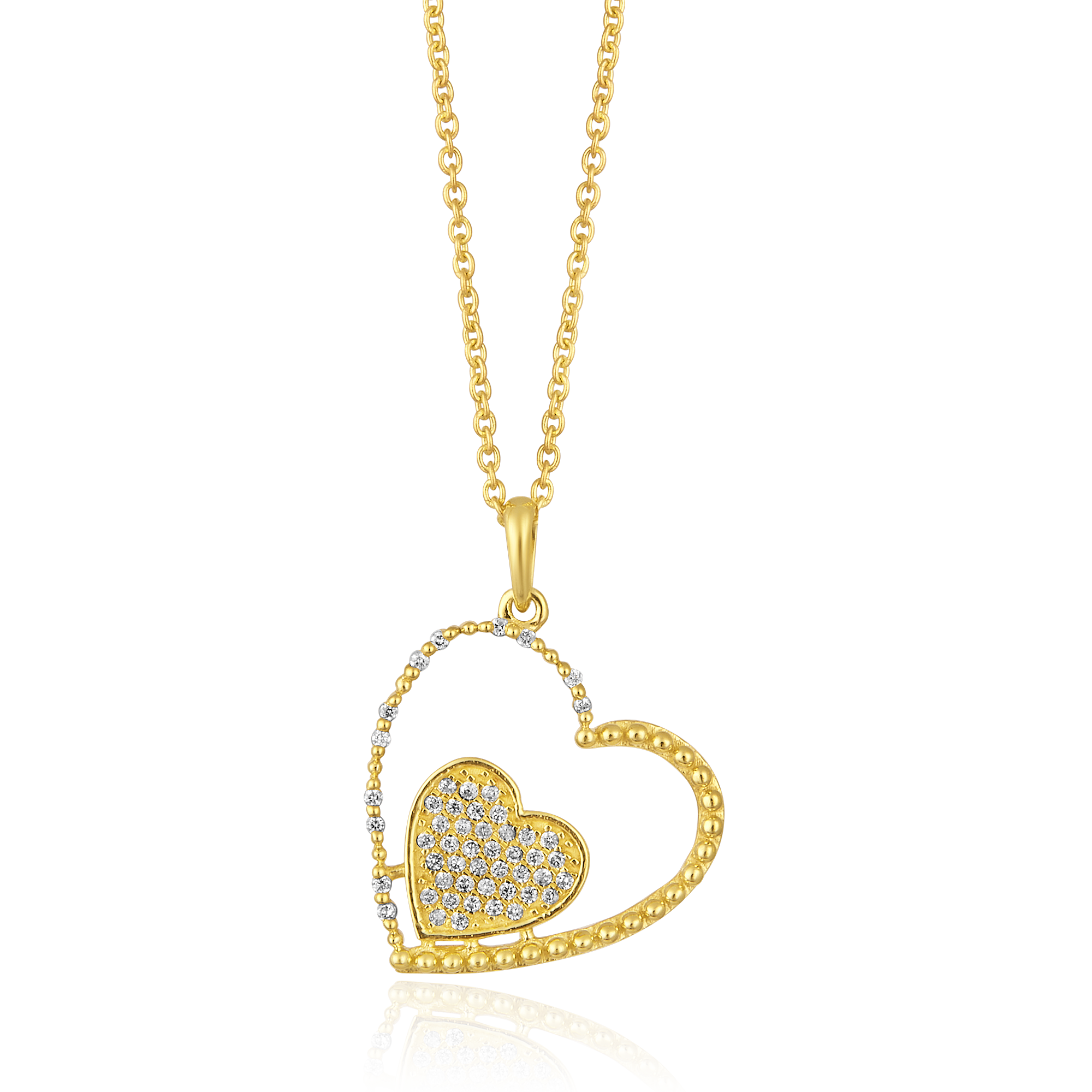 Certified 14K Gold 0.11ct Natural Diamond Twin Heart Love Charm Pendant Necklace