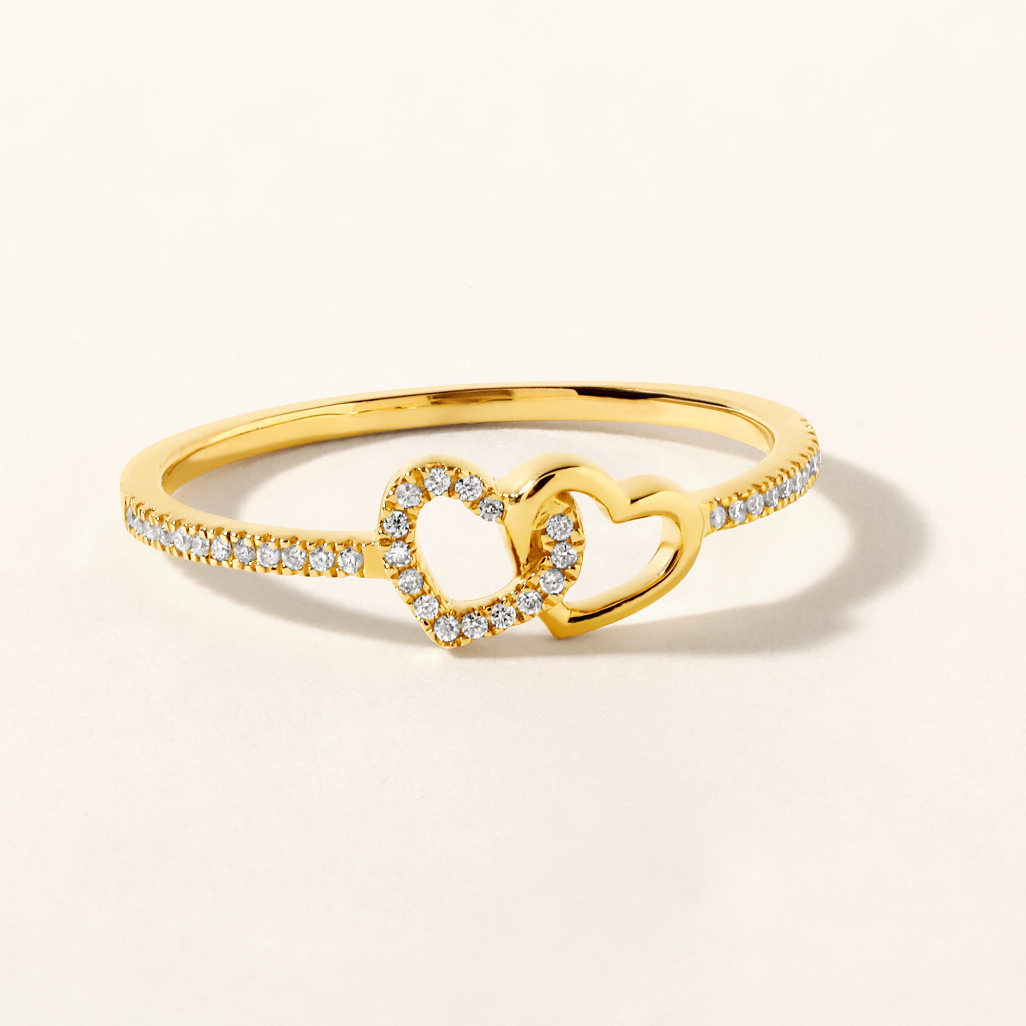 Certified 14K Gold 0.1ct Natural Diamond 2 Heart Intertwine Valentine Love Ring