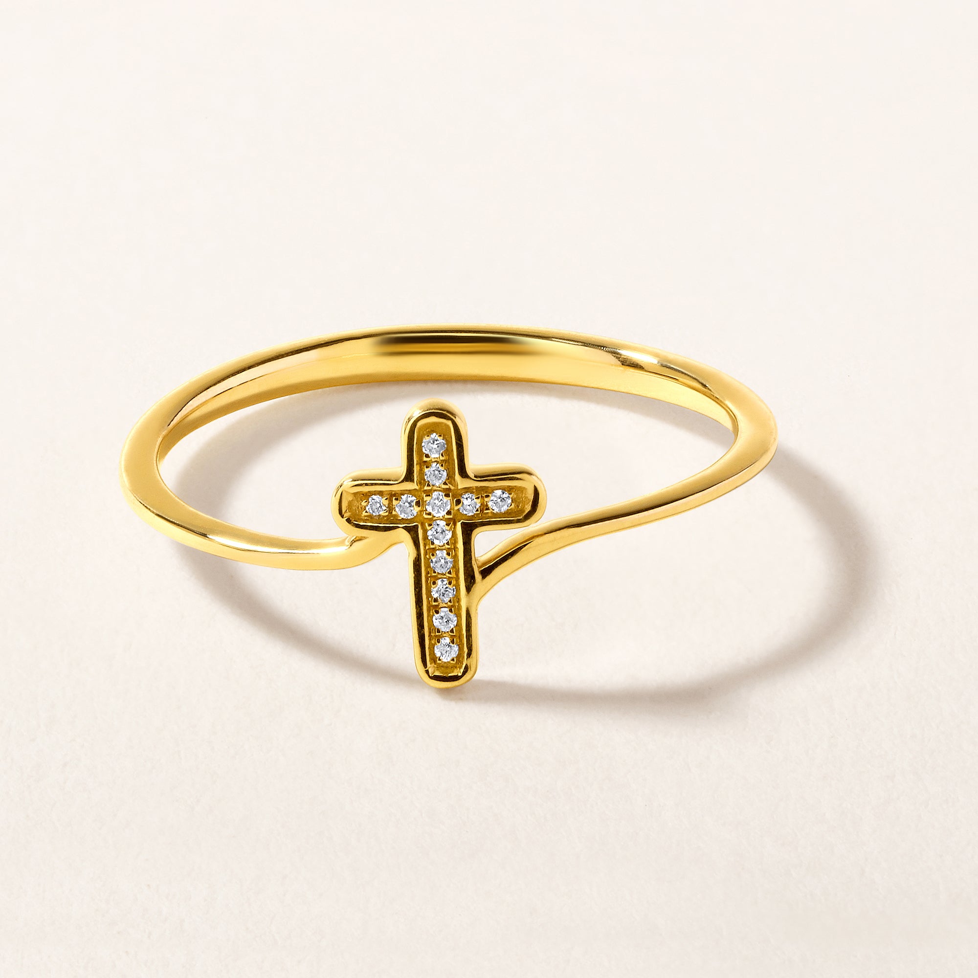 Certified 14K Gold 0.02ct Natural Diamond Religion Holy Cross Charm Hanging Ring